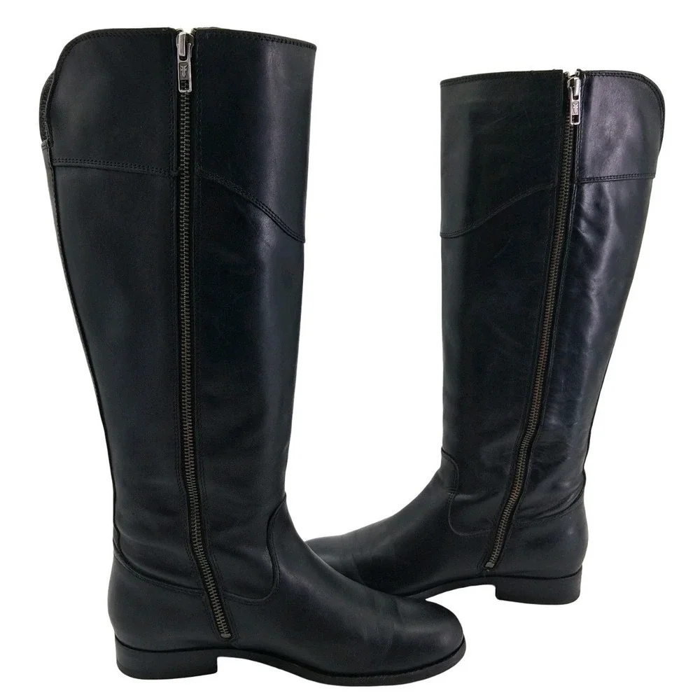 Frye Boots Womens Size 8 B Black Leather Riding Knee High Zip Extended Calf 4001